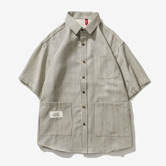 Camisa Suelta a Rayas con Múltiples Bolsillos para Hombre