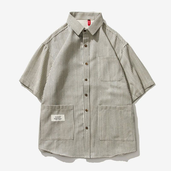 Camisa Suelta a Rayas con Múltiples Bolsillos para Hombre