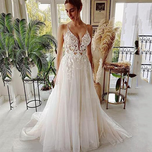 Vestido de Novia Elegante con Encaje y Espalda Descubierta