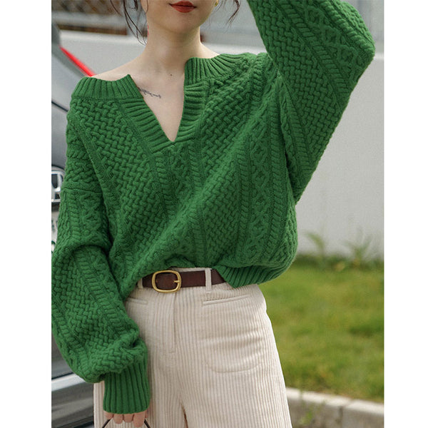 Suéter Suelto con Cuello en V y Textura Retorcida - Colección Otoño