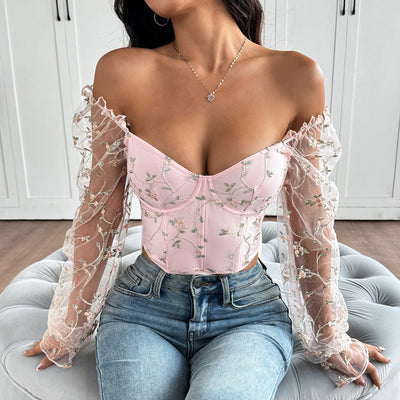 Blusa Larga de Malla Transparente con Parches Bordados - Image 27