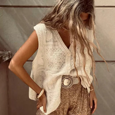 Chaleco Cardigan con Encaje Bordado y Hebilla - Top Versátil para Vacaciones - Image 3