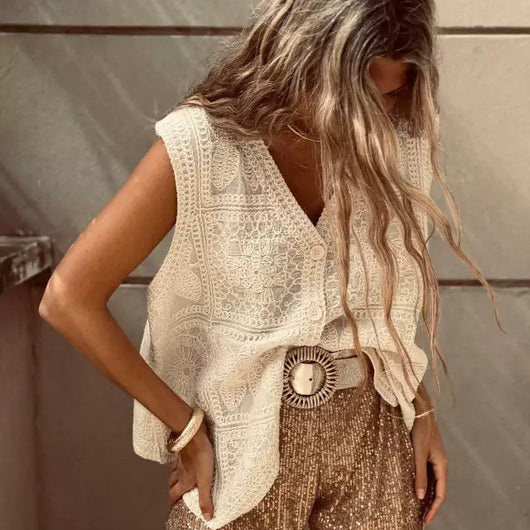 Chaleco Cardigan con Encaje Bordado y Hebilla - Top Versátil para Vacaciones - Image 3