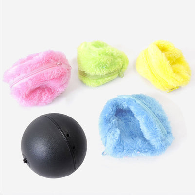 Black electric pet toy ball with four colorful plush covers in blue, pink, green, and yellow. - Image 4