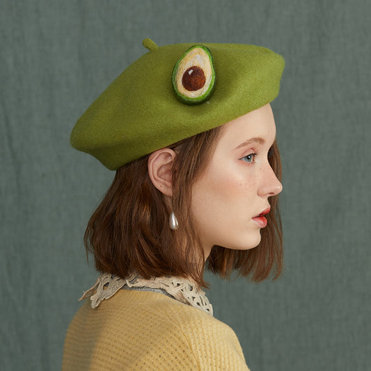 Boina de Lana Felt con Diseño Frutal Extravagante para Otoño e Invierno