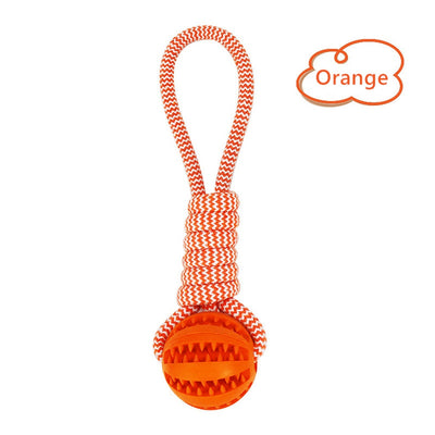 Blue and white braided rope dog toy with a teal rubber treat-dispensing ball for chewing and teeth cleaning. - Image 7