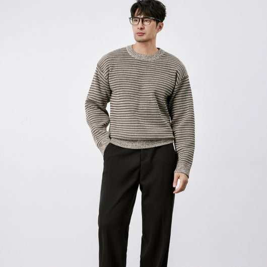 Suéter de Cuello Redondo Tejido a Rayas para Hombre - Abrigo Cálido Invierno - Image 6