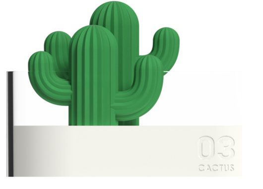 Transparent portable humidifier with a green cactus design on top, emitting mist on a wooden desk next to a laptop. - Image 18