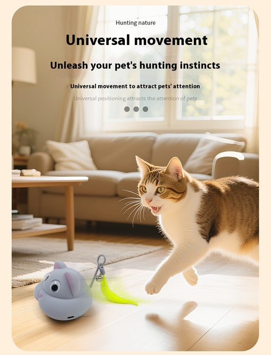 Gray pet toy shaped like a mouse or cat head with googly eyes, pink ears, and a yellow feather with a bell. - Image 11