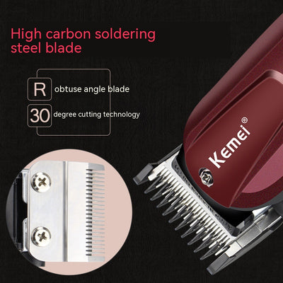 Kemei electric hair clipper in metallic burgundy with four guide combs, power adapter, cleaning brush, and oil bottle. - Image 4