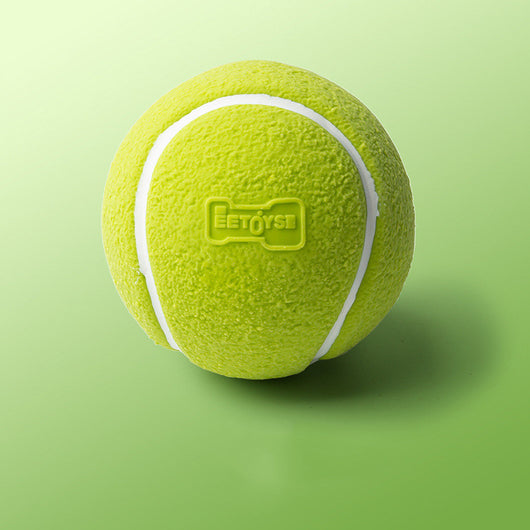 Lime green latex pet toy shaped like a tennis ball with white stripes and "EETOYSE" embossed on its surface. - Image 9