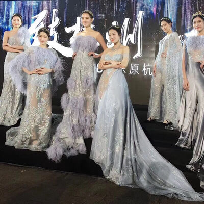 Vestidos de Presentación Gris Plata con Plumas para Mujer - Image 11