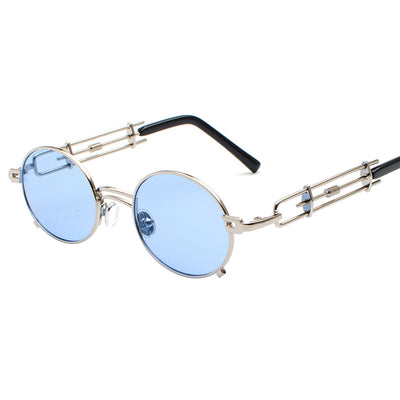 Black individual steampunk sunglasses with round clear lenses and unique metal frames on a white background. - Image 17