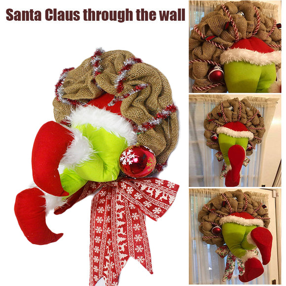 Corona Navideña con Piernas de Papá Noel - Decoración Puerta Reutilizable con Lazo