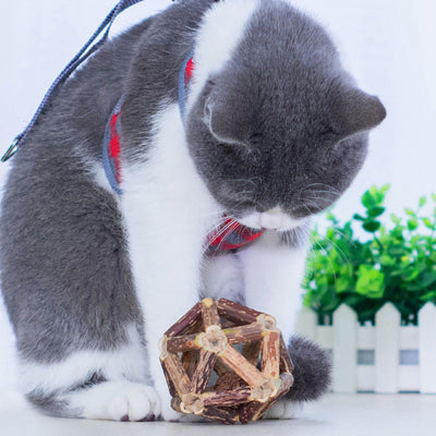 Natural catnip ball toy with a geometric cage made of dark and light brown wooden sticks for cats. - Image 11