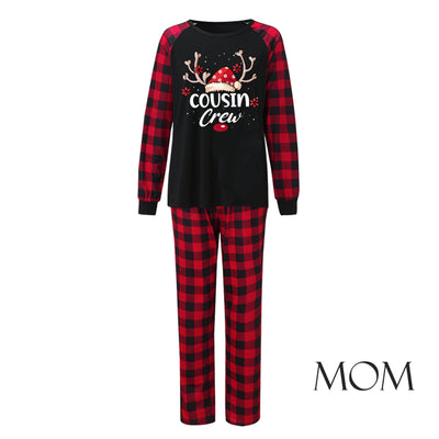 Kids' black and red buffalo plaid Christmas pajamas with 'Cousin Crew' graphic and reindeer antlers. - Image 7