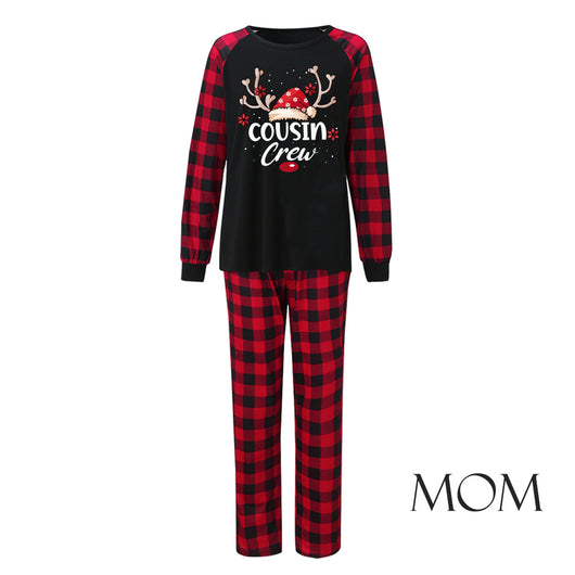 Kids' black and red buffalo plaid Christmas pajamas with 'Cousin Crew' graphic and reindeer antlers. - Image 7