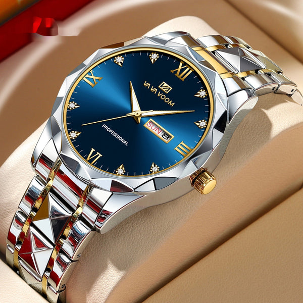 Reloj de Acero Tungsteno Resistente al Agua con Doble Calendario