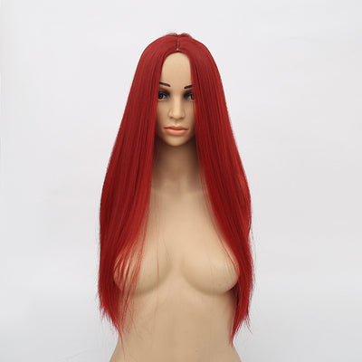 Peluca Larga Roja Vino Cabello Liso Punto Medio Fibra Sintética - Image 4