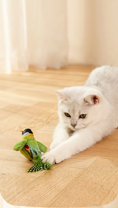 Colorful bird cat toy with green fluffy wings, black head, yellow face, orange beak, and spotted tail feathers. - Image 27