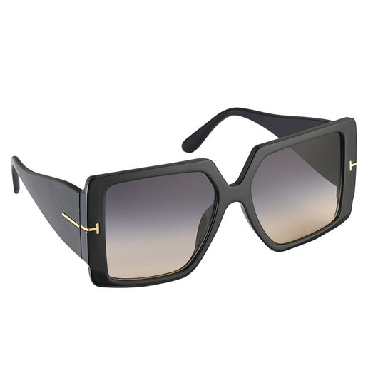 New ladies fashion personality black oversized square sunglasses with gradient lenses and gold-tone 'T' accents. - Image 18