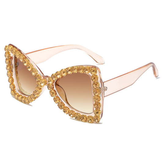 Pink butterfly frame sunglasses with purple gradient lenses and sparkling purple rhinestone embellishments. - Image 10