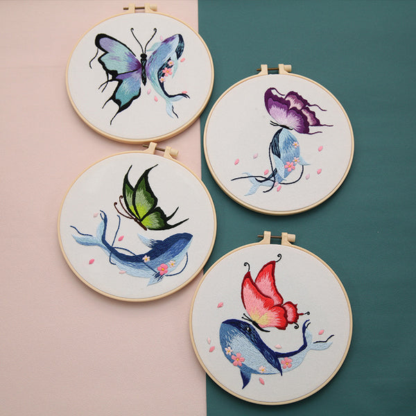 Kit de Bordado DIY Cuadro Decorativo Ballena y Mariposa Hecho a Mano