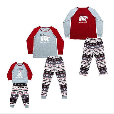 Children's grey and red long-sleeve pajama top with 'LITTLE BEAR' graphic and patterned winter-themed pants. - Image 5