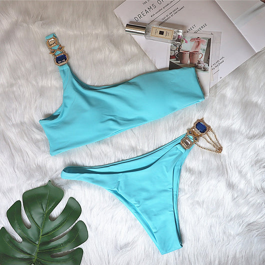 Traje de Baño Lujo con Cadena de Cristales - Bikini Asimétrico de Un Hombro Estilo Europeo - Image 5