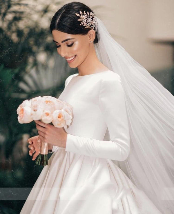 Vestido de Novia Off-Shoulder Manga Larga Satén Vintage Elegante