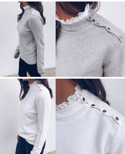 Blusa de Encaje con Cuello Redondo y Diseño de Hebillas en Hombros - Image 7