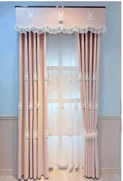 Pink curtains with white plush rabbit appliques, paired with a sheer white inner curtain also featuring rabbit designs. - Image 10