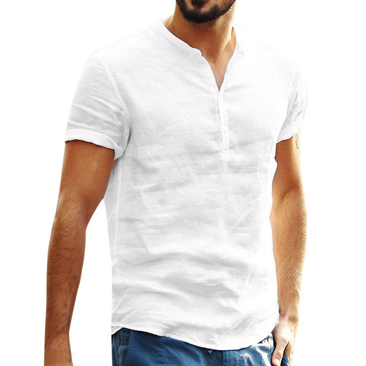 Camisa de Cuello Parado en Algodón y Lino de Manga Corta