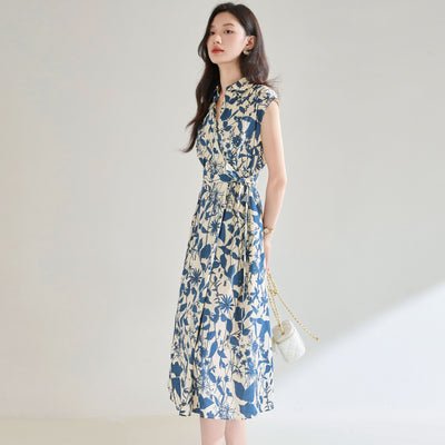 Vestido Camisero Ajustado Estampado Azul y Blanco - Image 3