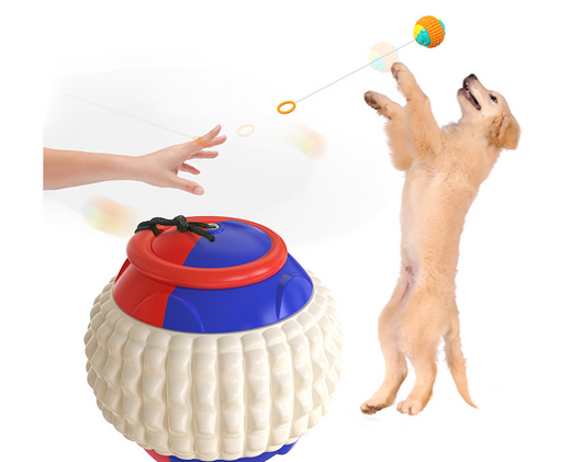 Yellow, orange, and teal pet toy with a black retractable rope, designed for throwing, chewing, and training dogs. - Image 6