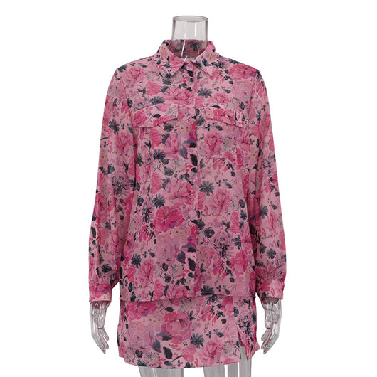 Conjunto de Dos Piezas: Blusa Elegante con Solapa y Falda Corta para Mujer - Image 4