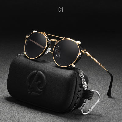 Round frame sunglasses with light blue mirrored lenses and a gold-tone metal frame, featuring a double bridge. - Image 21