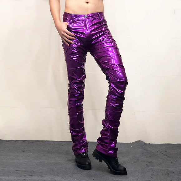 Pantalones de Cuero Acampanados con Espejo Reflectante para Hombre