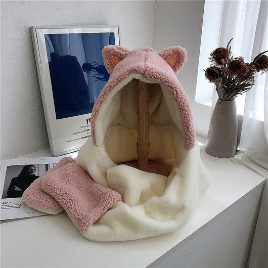 Bufanda Capucha Orejas de Gato con Combinación de Colores - Peluche Suave - Image 10