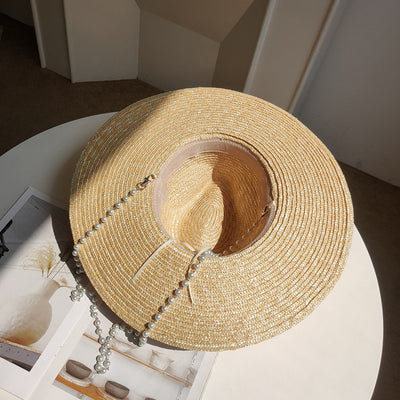 Sombrero de Paja Jazz con Cadena de Perlas y Ala Ancha para Playa - Image 4