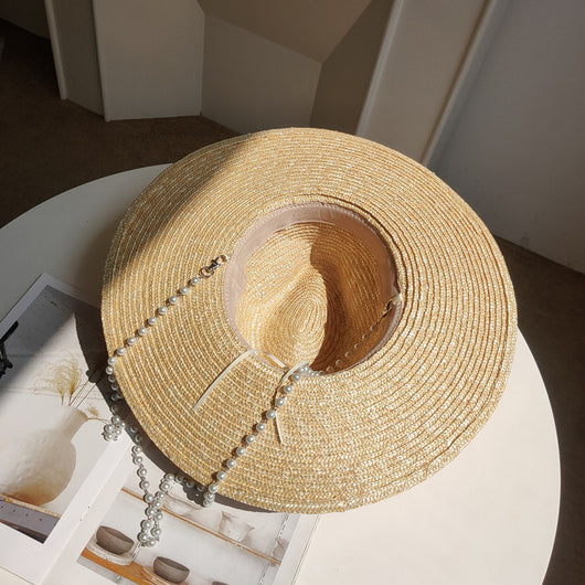 Sombrero de Paja Jazz con Cadena de Perlas y Ala Ancha para Playa - Image 4