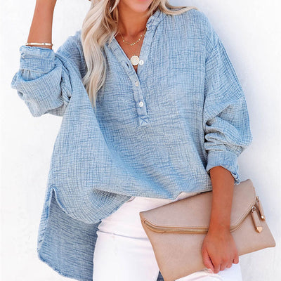 Blusa Suelta de Manga Larga con Cuello y Botones Decorativos - Otoño