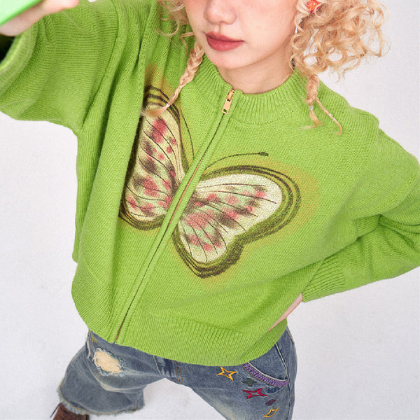 Cardigan Tejido con Estampado de Mariposas para Niña - Suéter Casual Holgado