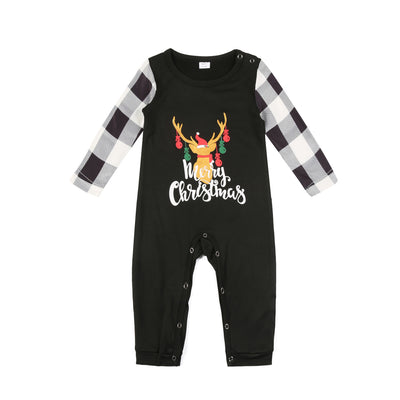 Family matching Christmas pajamas with black and white buffalo plaid sleeves and pants, featuring a reindeer graphic. - Image 2