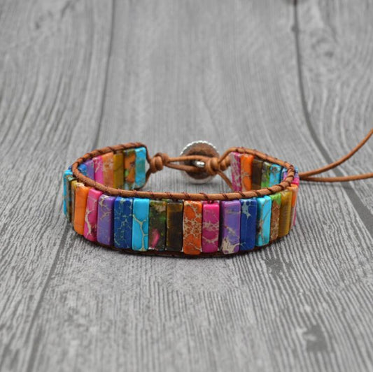Pulsera Chakra de Piedras Naturales - Tejida en Cuero con Cuentas Multicolor