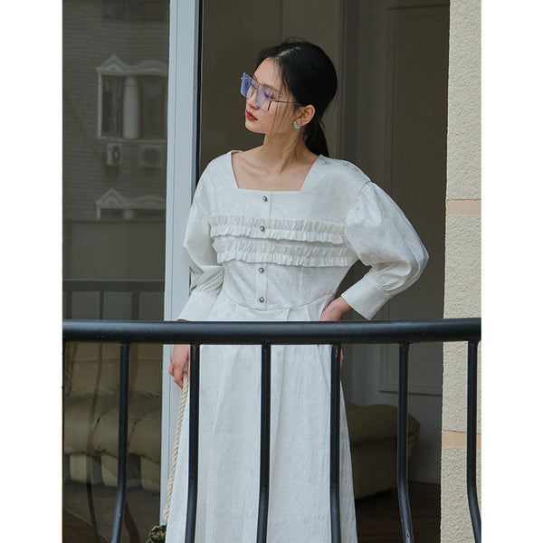 Vestido Midi Cuello Cuadrado con Mangas Globo - Corte A Elegante para Mujer