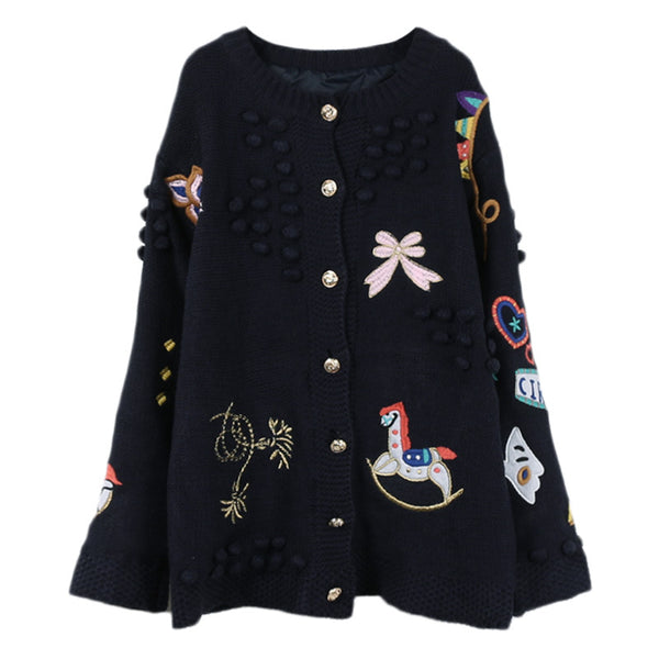 Cardigan Suelto de Punto con Bordado de Dibujos Animados para Mujer