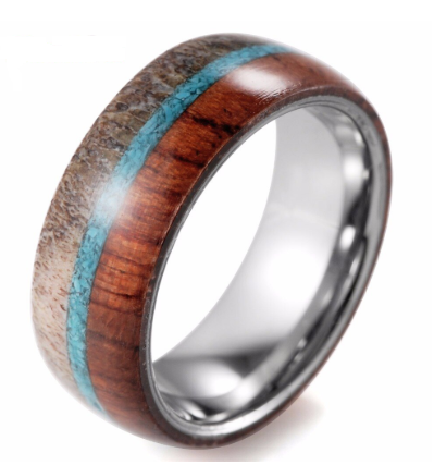 Anillo de Tungsteno con Incrustaciones de Madera y Astas Silvestres - 8mm Abovedado para Hombre