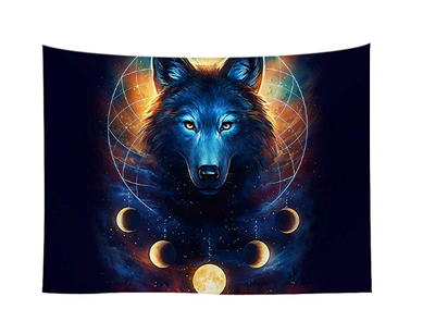 Blue wolf head tapestry with glowing eyes, a dreamcatcher, and moon phases against a dark, starry background.