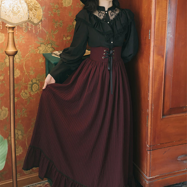 Conjunto Retro Elegante: Blusa Manga Larga y Falda Midi